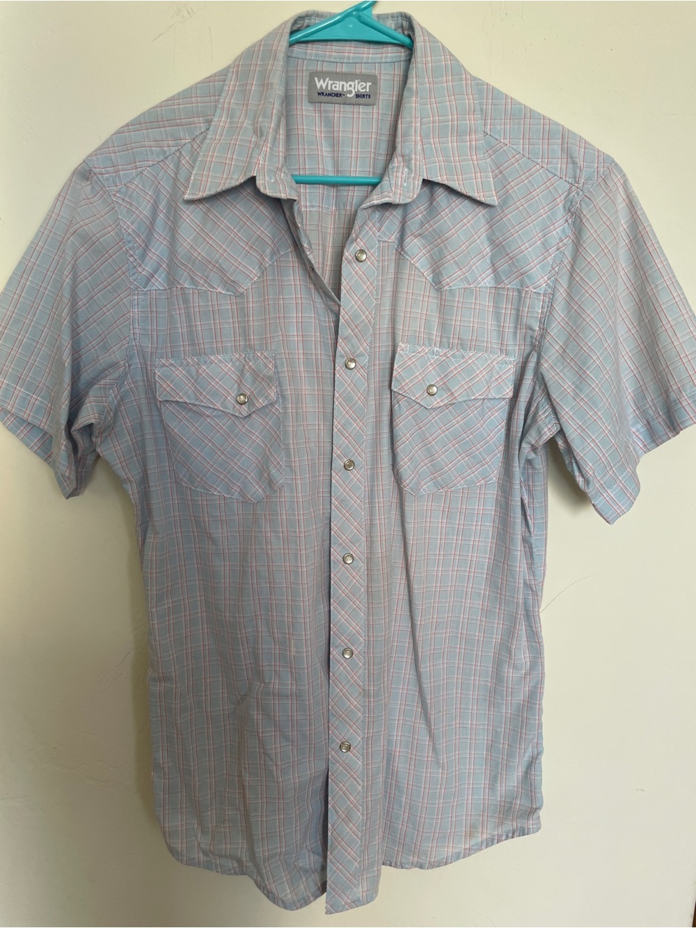 Wrangler Men’s Short-Sleeve Plaid Button-Down Shirt - Blue & Pink